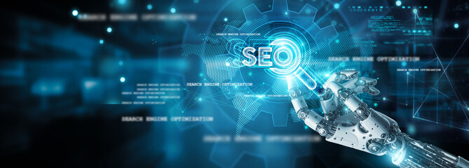 Search engine optimization, hands of robot touch content creation and SEO icon, optimizing sites on network, indexing, ranking, backlinking and analytics, monitoring and improving performance.