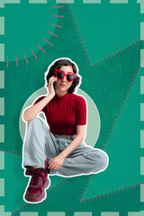 Young girl is sitting, she is talking on the phone making expressions, the green background is very colorful.