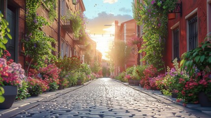 Cobblestone Street With Flower-lined Sides