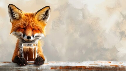 a cute red fox with a glass hot coffee. abstract illustration, pop surrealism, bizarre, whimsical
