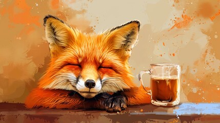 a cute red fox with a glass hot coffee. abstract illustration, pop surrealism, bizarre, whimsical