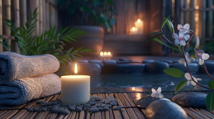 A hyacinth-scented candle positioned among organic spa decor, like bamboo towels and river stones,...
