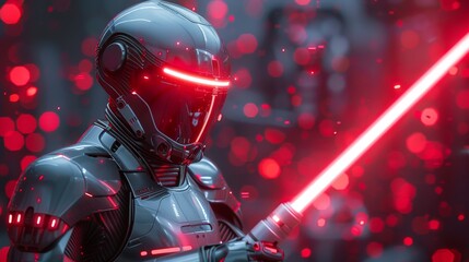 The May the 4th celebrations can be enhanced by this futuristic warrior with a glowing lightsaber and a dark backdrop.