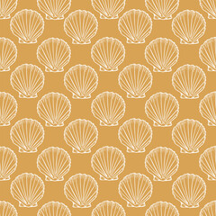 Underwater seamless pattern with seashell line art illustration in white color on yellow background. Scallop sketch, seashell line drawing. Summer beach ocean print for background, textile, fabric