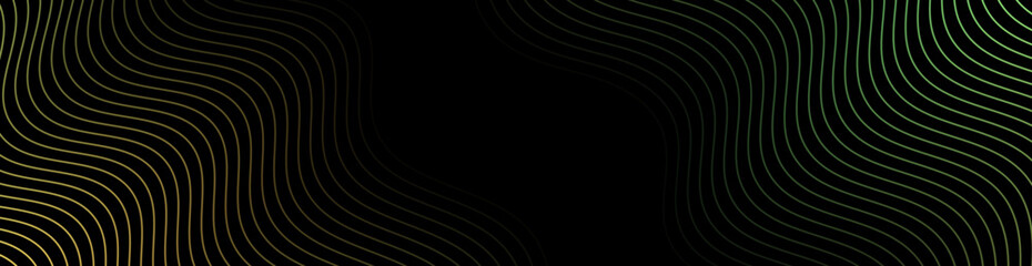 Abstract background with waves for banner. Web banner size. Vector background with lines. Element for design isolated on black. Black, yellow and green gradient. Night, dark