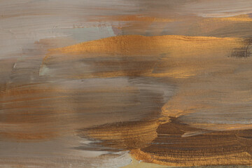 Modern oil and Acrylic smear line painting blot wall. Abstract texture gold, bronze color stain...