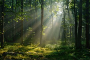 A forest with sunlight shining through the trees.