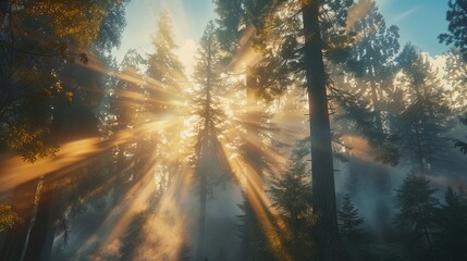 A sun rays shine through the trees in a forest. - Powered by Adobe