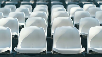 Rows of empty white plastic stadium seats in the sunlight.