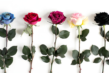 Five colorful roses aligned on a white background starting from blue purple red pink to black