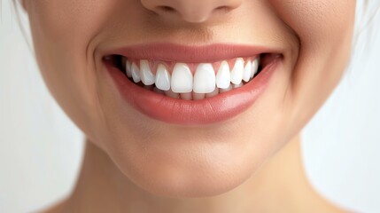 Close-up of a young woman's smile. She has perfect white teeth and pink lips.