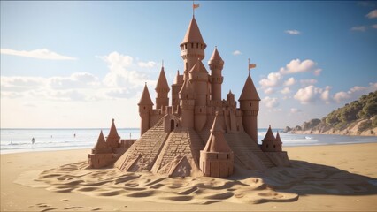 Large sand castle on the seashore.