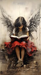 little girl angel reading a book and she has wings