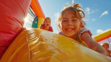 A delightful moment captured in time as children revel in the fun of a vibrant bounce house, their smiles radiant under the brilliant summer sun