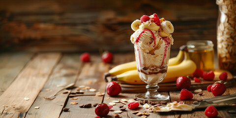Ice cream sundae standing on a wooden table with bananas, strawberries and raspberries; incl....