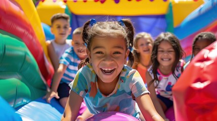 A delightful moment captured in time as children revel in the fun of a vibrant bounce house, their smiles radiant under the brilliant summer sun