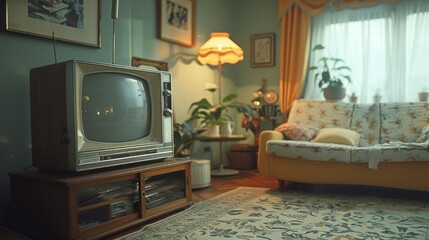 Retro room with vintage TV equipment against the wall