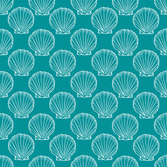 Seashells seamless pattern with line art illustration in white color on turquoise background. Scallop sketch, seashell line drawing. Summer beach ocean print for background, textile, fabric