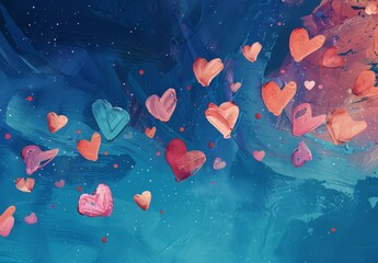 Abstract composition of painted hearts floating over a textured blue background with vivid contrasts
