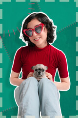Young girl is sitting, she holds her pet chihuahua dog, they pose for photo. copy space