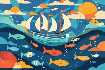 Naklejka premium Boat Sailing in the Ocean Surrounded by Fish