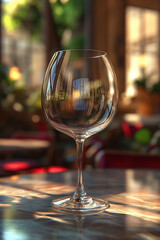 A wine glass is sitting on a table with a red chair behind it