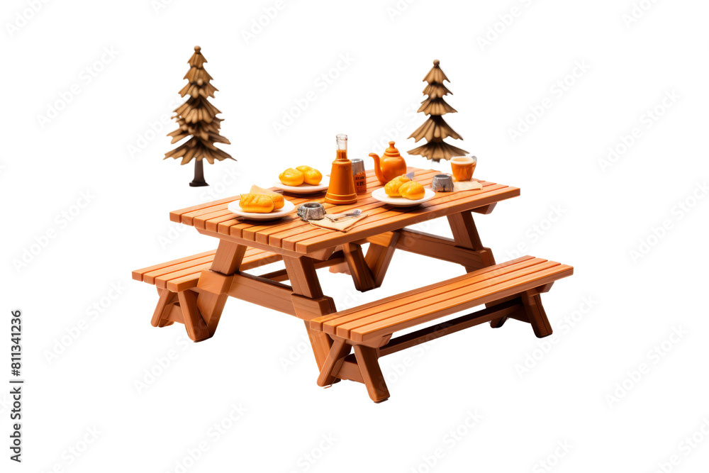 Poster a wooden picnic table with a bench and a few trees in the background. the table is set with plates o