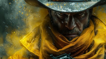 A man in a cowboy hat holding his gun with yellow smoke, AI