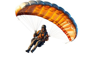 A man is flying a parachute. The parachute is orange and white. The man is wearing a helmet