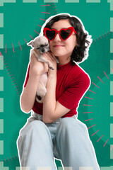 Young girl is sitting, she holds her pet chihuahua dog, they pose for photo. copy space