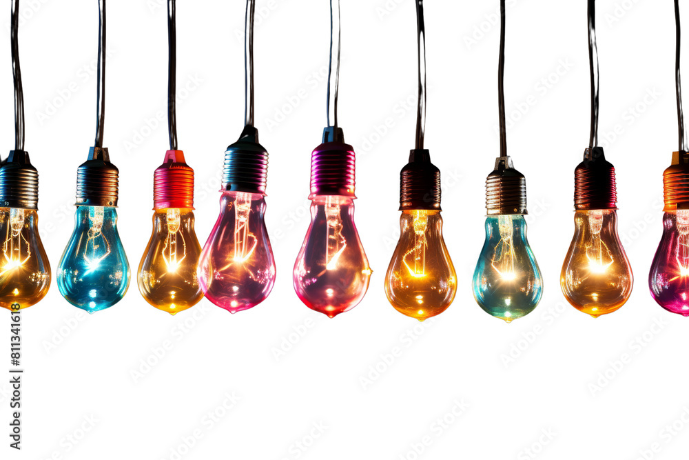 Poster a row of colorful light bulbs hanging from a string. the bulbs are of different colors and sizes, cr