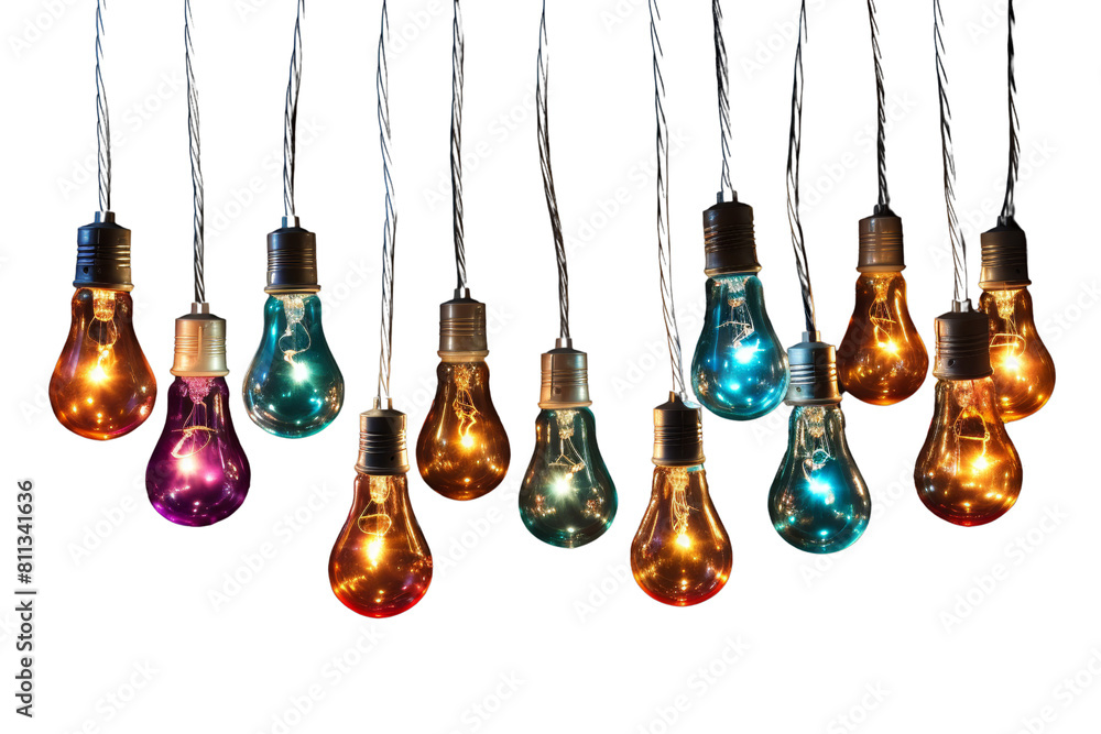 Poster a row of colorful light bulbs hanging from a string. the bulbs are of different colors and sizes, cr