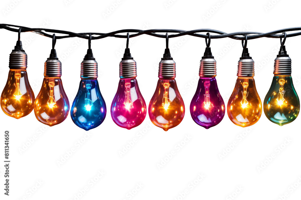 Poster a string of colorful light bulbs hanging from a wire. the bulbs are of different colors and sizes, c