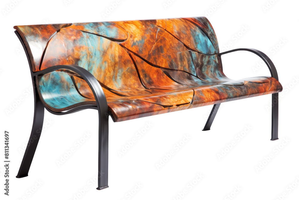 Poster a colorful bench with a leaf design. the bench is made of metal and has a unique design
