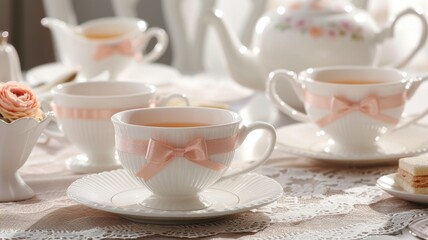 sophisticated tea setting with fine china cups, each with a bow design, arranged on a lace tablecloth,