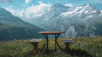 small table for product placement in front of mountains, copy and text space, 16:9