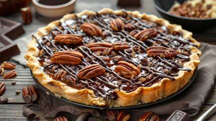 American cuisine. Pie with bitter chocolate and pecans.