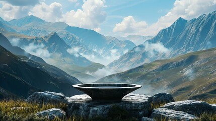 small table for product placement in front of mountains, copy and text space, 16:9