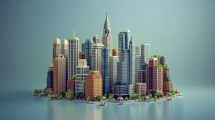 Naklejka premium A city is shown in a 3D model, with a large skyscraper in the middle