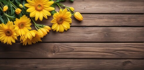 Bouquet of yellow flowers on wooden background. Cheerful Yellow Flowers on Rustic Wood. 