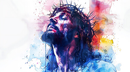 Crucifixion of Jesus, watercolour illustration, Jesus Christ on a cross