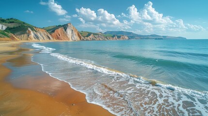 This picture shows Itzurun beach and rocks from above, on the Zumaia coast of Pais Vasco, Spain