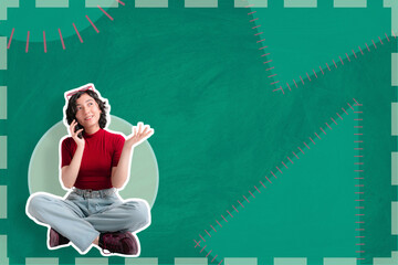 Young girl is sitting, she is talking on the phone making expressions, the green background is very colorful.