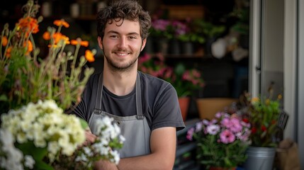 a smiling male florist standing amidst colorful blooms in a flower shop, wearing a grey apron, gazing thoughtfully away, embodying the spirit of entrepreneurship in a small floral business.