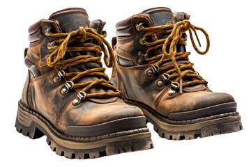 Two brown boots with a brown laces. The boots are worn and dirty. The boots are made for hiking and are designed to keep feet warm and dry