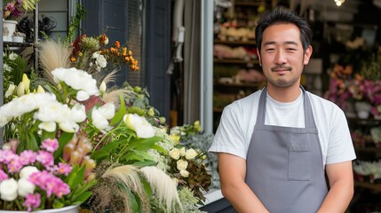 a smiling male florist standing amidst colorful blooms in a flower shop, wearing a grey apron, gazing thoughtfully away, embodying the spirit of entrepreneurship in a small floral business.