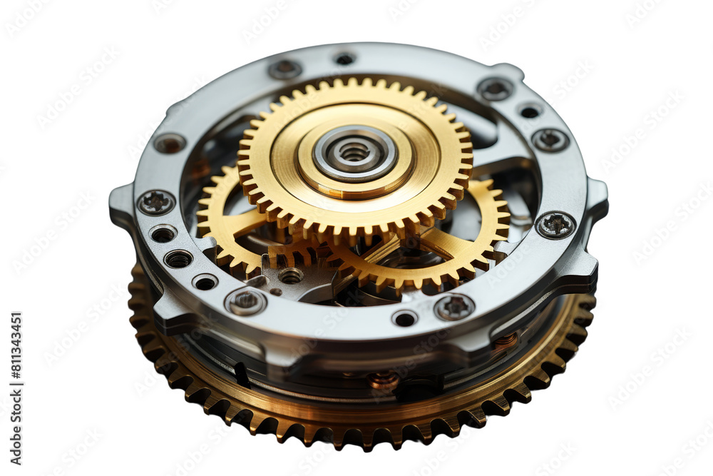 Poster a close up of a clock's inner workings. the gears are gold and silver. concept of precision and comp