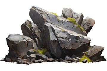 A large rock formation with moss growing on it. The moss gives the rocks a more natural and organic appearance. Concept of ruggedness and strength, as well as the beauty of nature