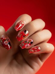 A woman's hand with red and gold nail polish.