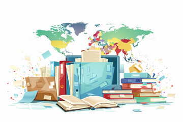 Pile of Books With World Map Background